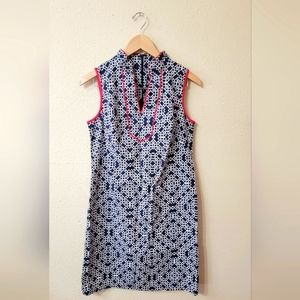 Eliza J Navy and White Geometric Midi Dress with Pink Trim